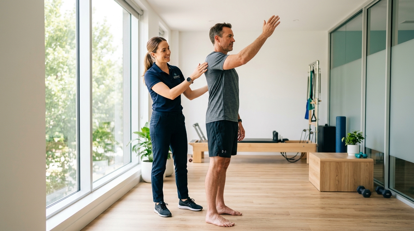 Physiotherapist assessing movement range and posture with patient in modern clinic
